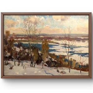 Pintura al óleo paisaje original, pintura al óleo sobre cartón, paisaje con árboles nevados sobre el fondo de un río, arte de pared