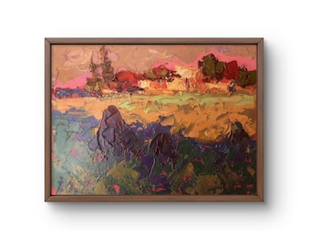 Oil painting landscape original, oil painting on canvas, abstract impression of nature with bright saturated colors,handmade art, unframed