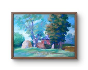 Dipinto a pastello originale, paesaggio rurale sereno nei toni tenui del blu e del verde, opera d'arte realizzata a mano, senza cornice