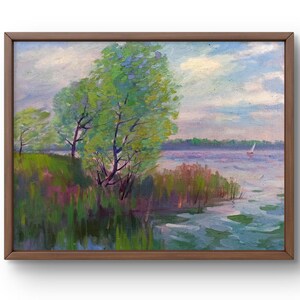 Oil painting landscape original, oil painting on canvas, summer landscape by the river, in soft pastel shades, handmade art, unframed