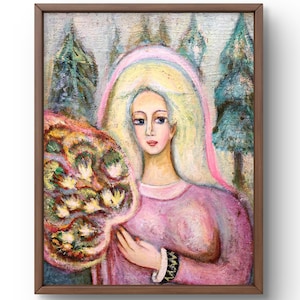 Pintura al óleo abstracta original, pintura al óleo sobre cartón, mujer con vestido rosa con cabello largo y rubio, arte hecho a mano, sin marco, arte de pared