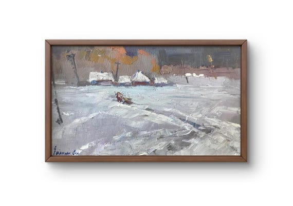 油絵風景画オリジナル、キャンバスに描いた絵画、冬の風景、手作り