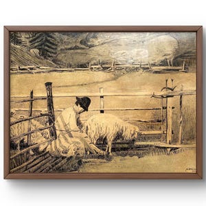 Pintura gráfica paisaje original, pintura al óleo sobre cartón, escena rural tranquila con pastor y ovejas, arte hecho a mano, enmarcado