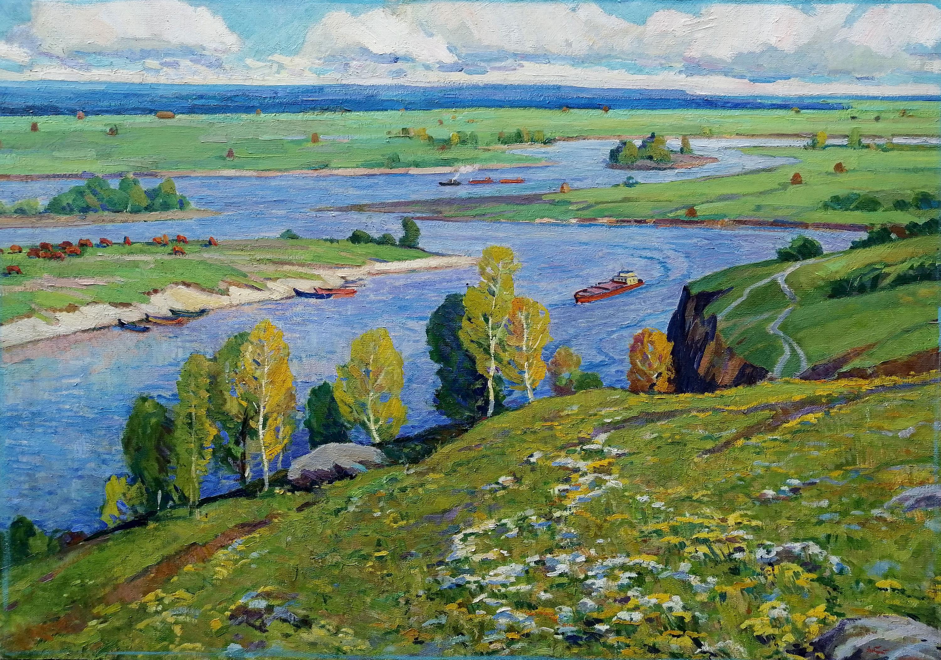 油絵風景画オリジナル、キャンバスに描いた絵画、川の風景、手作り