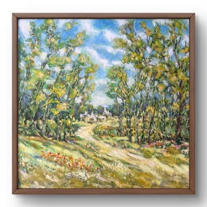 Oil painting landscape original oil painting on canvas summer forest green landscape handmade art nature framed white cloudy wall art