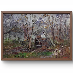 Pintura al óleo paisaje original, pintura sobre cartón, paisaje de pueblo, arte hecho a mano, naturaleza, sin marco, paisaje de árboles, arte de pared