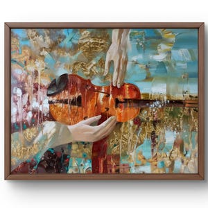 Oil painting abstract original, oil painting, hands gently holding a violin, with bright and expressive brush stroke, handmade art, unframed