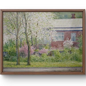 Original Landschaft, Aquarell auf Papier, Frühling Haus, blühende Bäume und Grün, handgemachte Kunst, ohne Rahmen