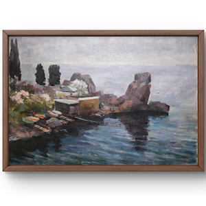 Pintura a óleo paisagem original, pintura a óleo sobre papelão, paisagem costeira com penhascos rochosos e águas calmas, arte feita à mão, sem moldura
