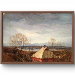 Oil painting landscape original, oil painting on cardboard, rural landscape with house, river and hills, handmade art, unframed, wall art