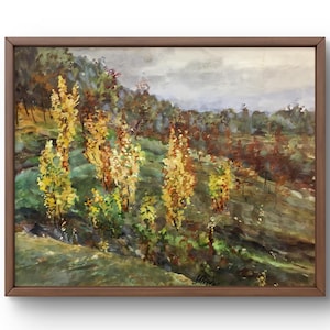 Dipinto ad acquerello paesaggio originale, dipinto su carta, paesaggio forestale, arte fatta a mano, natura, senza cornice, scenario autunnale, arte murale