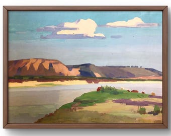 Gouache painting landscape original, painting on paper, river landscape, handmade art, nature, unframed, mountains landscape, wall art