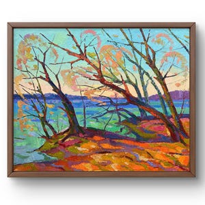 Pintura a óleo paisagem original, pintura a óleo sobre papelão, paisagem costeira de outono com árvores e rio, arte feita à mão, sem moldura, arte de parede