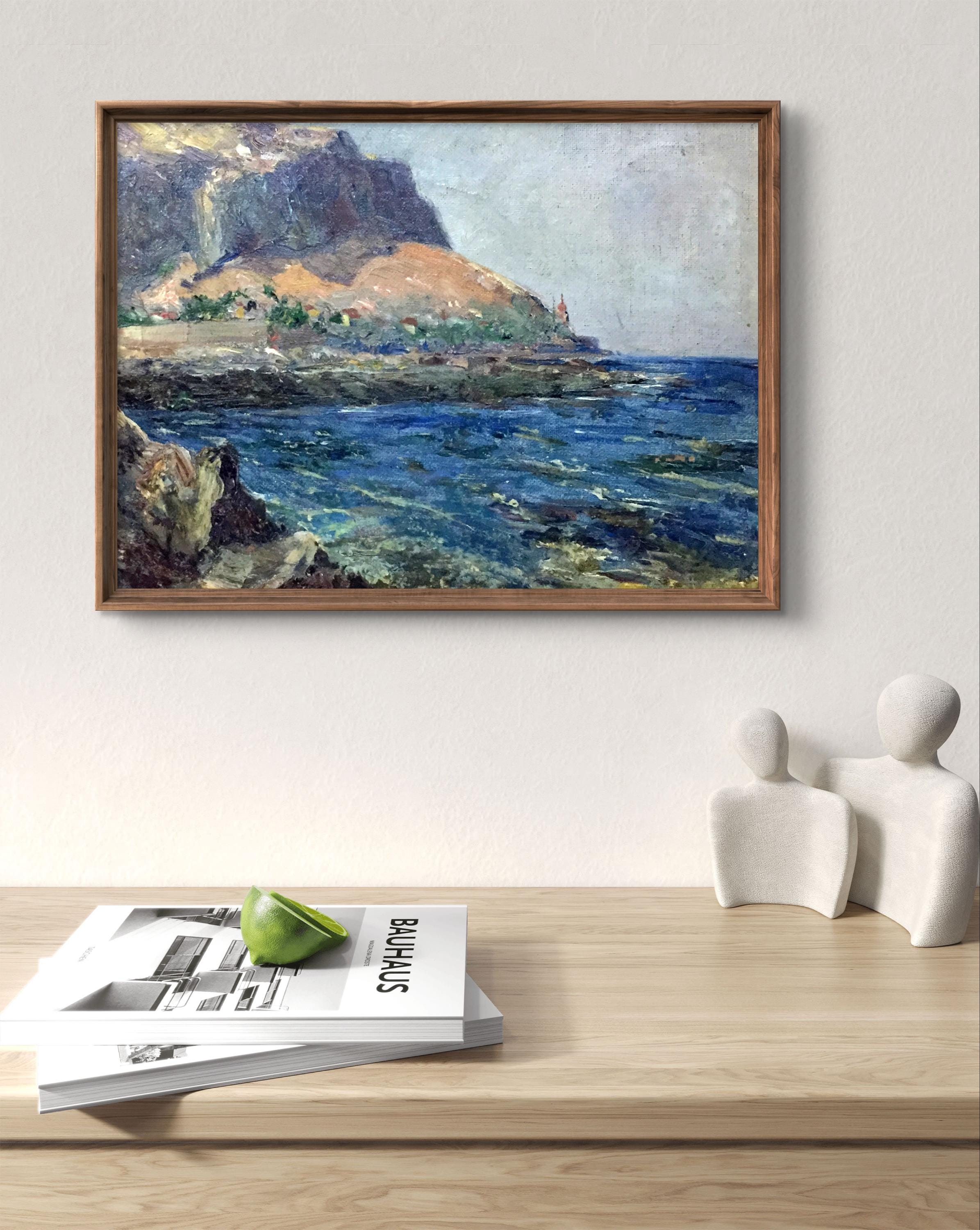 油絵風景画オリジナル、キャンバスに油絵、険しい岩のある海岸の風景