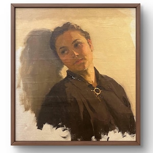 Oil painting portrait original, oil painting on canvas, portrait of a woman, dark clothes, beige background, handmade art, framed, wall art