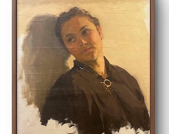 Oil painting portrait original, oil painting on canvas, portrait of a woman, dark clothes, beige background, handmade art, framed, wall art