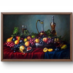 Oil painting still life original, painting on canvas, fruit and food, handmade art, interior, unframed, wine still life, wall art