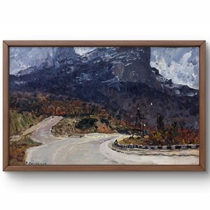 Pintura al óleo paisaje original, pintura al óleo sobre cartón, camino de montaña sinuoso con sombras otoñales, arte hecho a mano, enmarcado, arte de pared
