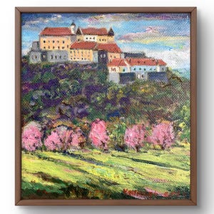 Pintura al óleo paisaje original, pintura sobre cartón, paisaje de castillo, arte hecho a mano, naturaleza, sin marco, paisaje de árboles, arte de pared