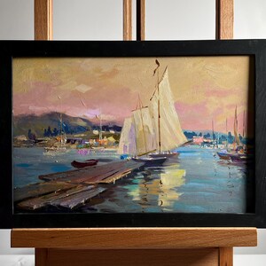 Original Oil Painting: Seascape Sunset with Yachts, 7.87x11.81&quot; Unframed