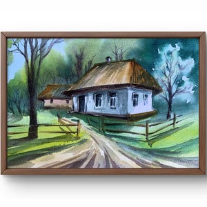 Dipinto ad acquerello paesaggio originale, dipinto su carta, paesaggio del villaggio, arte fatta a mano, natura, senza cornice, paesaggio della casa, arte murale