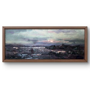 Paisaje pintado al óleo original, pintura al óleo sobre cartón, puesta de sol melancólica sobre terreno accidentado y texturizado, arte hecho a mano, sin marco, arte de pared