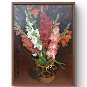 Pintura al óleo naturaleza muerta original, pintura al óleo, flores de gladiolo brillantes en colores rojo, blanco y rosa, arte hecho a mano, sin marco, arte de pared