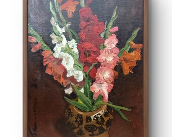 Oil painting still life original, oil painting, bright gladiolus flowers in red, white and pink colors, handmade art, unframed, wall art