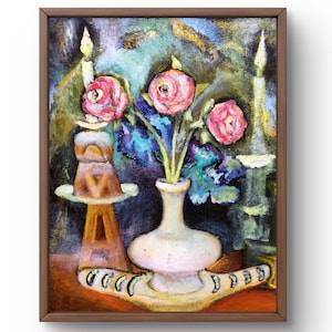 Pintura al óleo naturaleza muerta original, pintura al óleo sobre cartón, flores rosas en un jarrón y velas, arte hecho a mano, sin marco, arte de pared