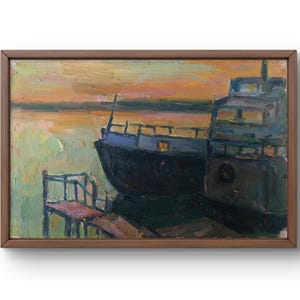 Pintura a óleo paisagem original, pintura em papelão, paisagem de navio, arte artesanal, natureza, sem moldura, paisagem marinha, arte de parede