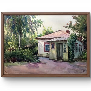 Pintura de acuarela paisaje original, pintura sobre cartón, paisaje de pueblo, arte hecho a mano, naturaleza, sin marco, paisaje de verano, arte de pared