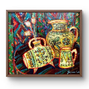 Oil painting still life original, oil painting on canvas, bright still life with traditional ceramics, handmade art, unframed, wall art