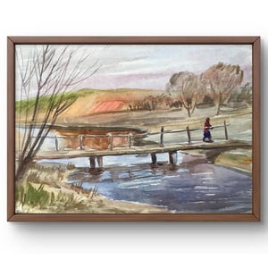 Acquerello dipinto paesaggio originale, dipinto su carta, paesaggio fluviale, arte fatta a mano, natura, senza cornice, paesaggio ponte, arte murale