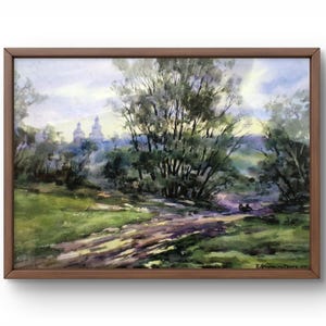 Dipinto ad acquerello paesaggio originale, dipinto su carta, paesaggio forestale, arte fatta a mano, natura, senza cornice, paesaggio di alberi, arte murale
