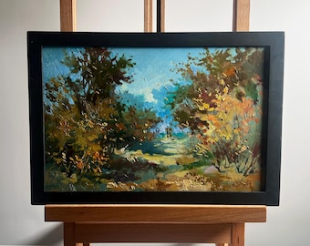 自然油絵 オリジナル秋の絵画 森の道 キャンバス壁画 田園風景画