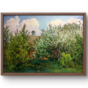 Pintura al óleo paisaje original, pintura al óleo sobre cartón, casa acogedora escondida detrás de árboles verdes, cielo azul, arte hecho a mano, sin marco, arte de pared