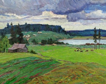 油絵風景画オリジナル、キャンバスに描いた絵画、山の風景画、手作り