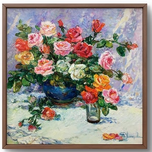 Oil painting still life original, oil painting on canvas, composition of bright roses, blue vase, pastel background, handmade art, framed