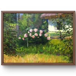 Pintura a óleo paisagem original, pintura a óleo sobre papelão, jardim encantador com rosas cor de rosa florescendo, arte feita à mão, emoldurada, arte de parede