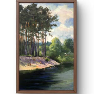 Pintura a óleo paisagem original, pintura em papelão, paisagem de rio, arte artesanal, natureza, sem moldura, paisagem de verão, arte de parede