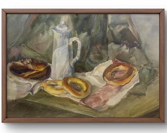 Watercolor painting still life original, painting on cardboard, food still life, handmade art, interior, unframed, wall art