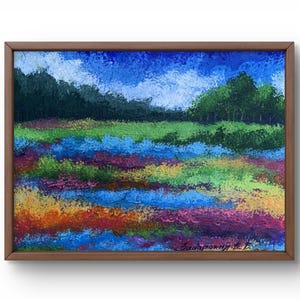 Pintura a óleo paisagem original, pintura em papelão, paisagem de campo, arte artesanal, natureza, sem moldura, cenário de verão, arte de parede