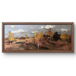 Pintura al óleo paisaje original, pintura al óleo sobre cartón, paisaje accidentado en tonos terrosos con árboles otoñales, arte hecho a mano, sin marco