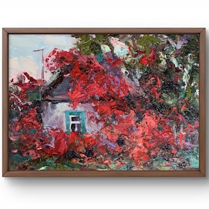 Pintura al óleo paisaje original, pintura sobre cartón, paisaje de pueblo, arte hecho a mano, naturaleza, sin marco, paisaje de casa, arte de pared