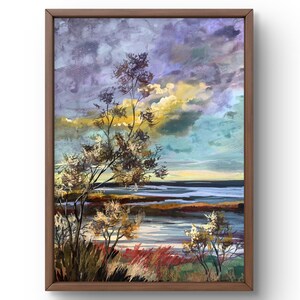 Dipinto ad acquerello paesaggio originale, dipinto su carta, paesaggio marino, arte fatta a mano, natura, senza cornice, scenario autunnale, arte murale