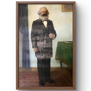 Oil painting social realism original, oil painting on canvas, portrait of Karl Marx, man with beard in formal suit, handmade art, unframed