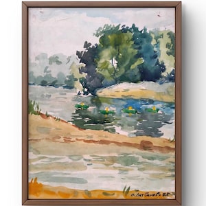Dipinto ad acquerello paesaggio originale, dipinto su carta, paesaggio fluviale, arte fatta a mano, natura, senza cornice, paesaggio di alberi, arte murale