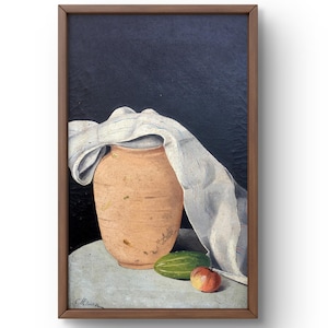 Oil painting still life original, oil painting on canvas, clay jug with white cloth, dark background, handmade art, framed, wall art