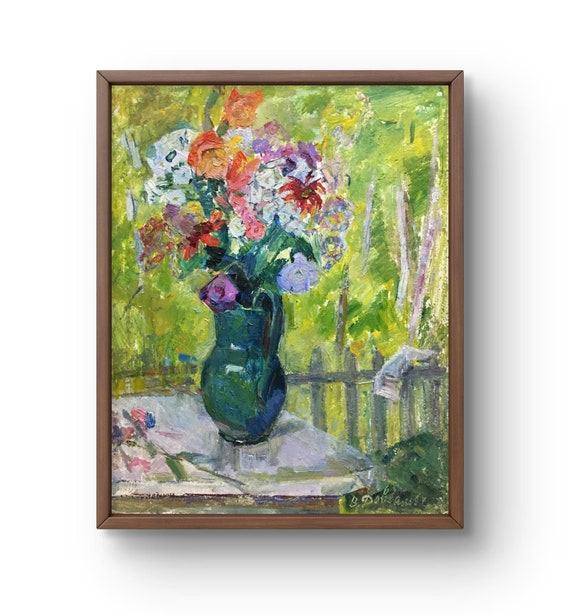 油絵の静物画（オリジナル）、ボール紙に描いた油絵、緑の花瓶に入った