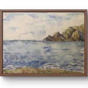Dipinto ad acquerello paesaggio originale, dipinto su carta, paesaggio marino, arte fatta a mano, natura, senza cornice, paesaggio roccioso, arte murale